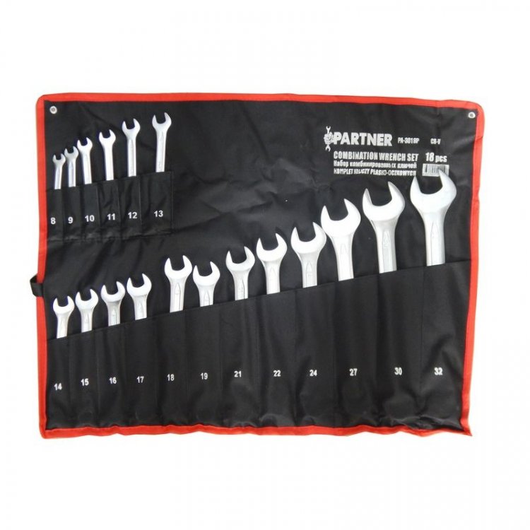 Набор ключей комбинированных, 18пр.(8-19, 21, 22, 24, 27, 30, 32мм), на полотне