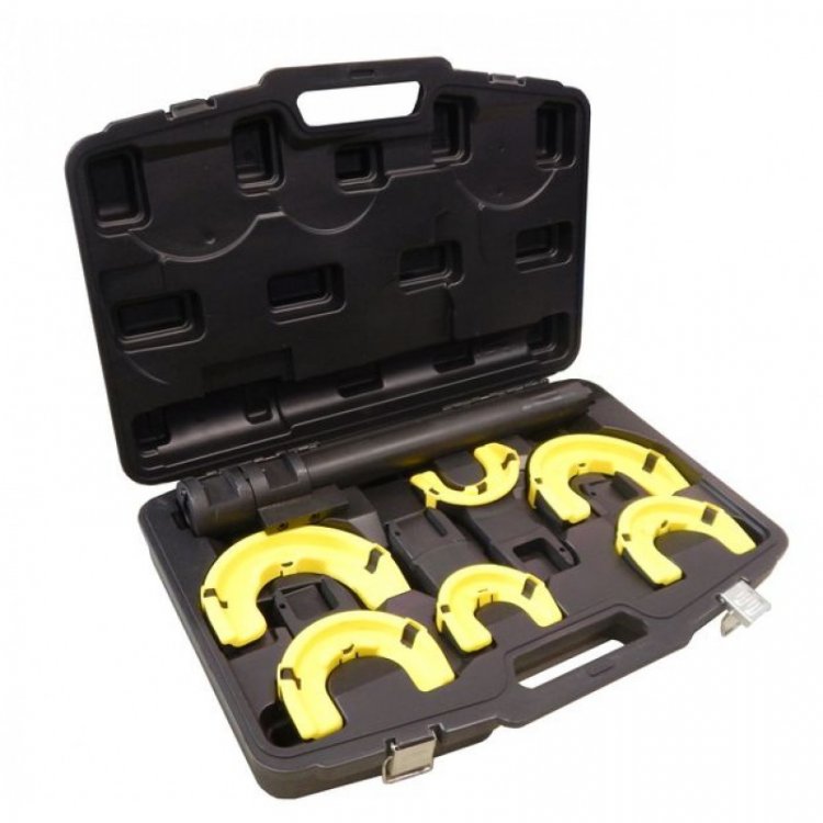 Стяжка пружин усиленная с 3-мя парами захватов и пластиковыми накладками, 7пр.(раб. диапазон:80-317мммм, диаметры захватов: 80/110/165 мм),в кейсе