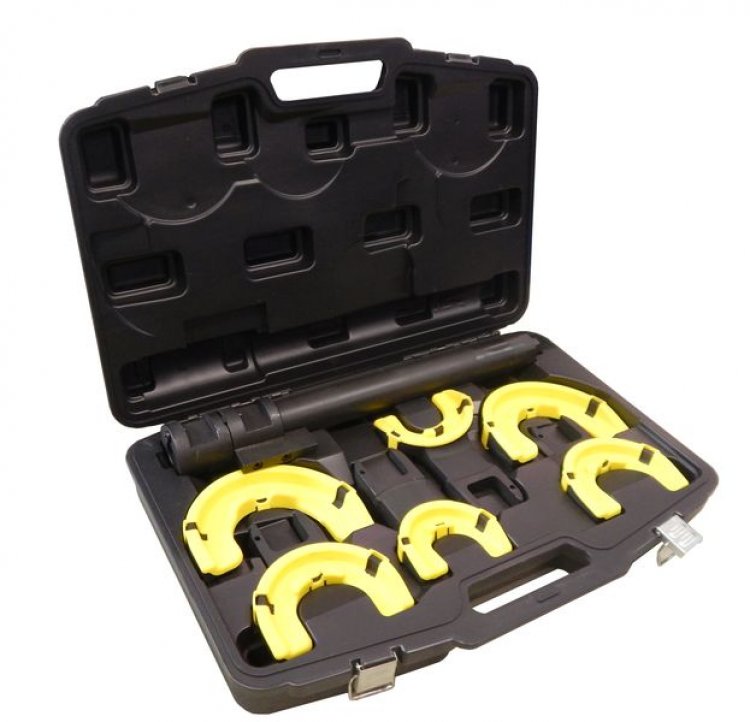 Стяжка пружин усиленная с 3-мя парами захватов и пластиковыми накладками, 7пр.(раб. диапазон:80-317мммм, диаметры захватов: 80/110/165 мм),в кейсе