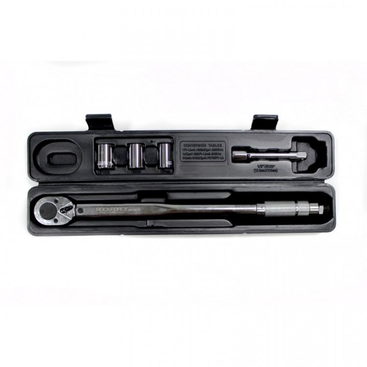 Ключ динамометрический щелчкового типа в наборе с головками и удлинителем 40-210Нм, 1/2"(17,19,21мм;удлинитель 125мм)(Тайвань),в пластиковом футляре