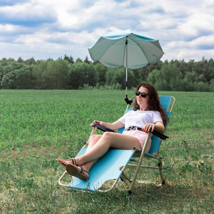 Шезлонг складной с подголовником и подлокотниками+зонтик (510х1770мм, голубой)