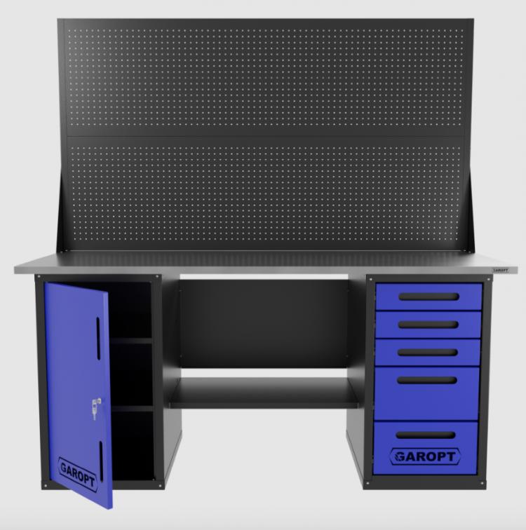 Верстак двухтумбовый дверь/5 ящиков с двумя экранами, синий 1800*700 Garopt, GT1800DY5PP2.blue Верстак двухтумбовый дверь/5 ящиков с двумя экранами, синий 1800*700 Garopt, GT1800DY5PP2.blue