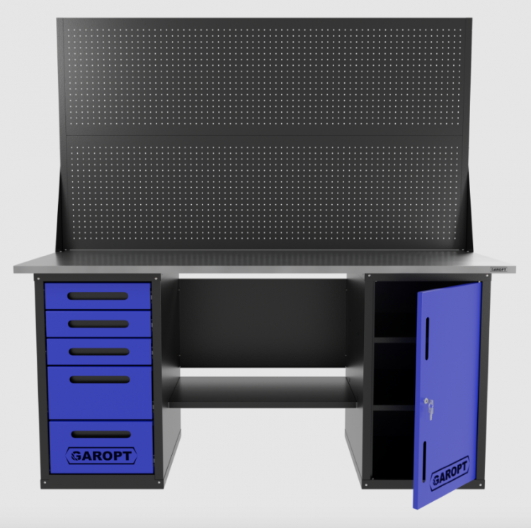 Верстак двухтумбовый дверь/5 ящиков с двумя экранами, синий 1800*700 Garopt, GT1800DY5PP2.blue Верстак двухтумбовый дверь/5 ящиков с двумя экранами, синий 1800*700 Garopt, GT1800DY5PP2.blue