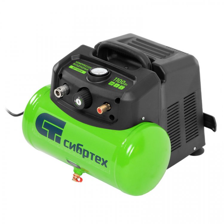 Компрессор воздушный безмаслянный БР 1100/6 1100Вт, ресивер 6 литров, 180 л/мин// Сибртех Компрессор воздушный безмаслянный БР 1100/6 1100Вт, ресивер 6 литров, 180 л/мин// Сибртех