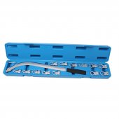 Ключ накидной удлиненный изогнутый в наборе со сменными насадками 15пр. (12,13, 14, 15, 16, 17, 18, 19мм, Е10, Е12, Е14, Е16, Е18), в кейсе