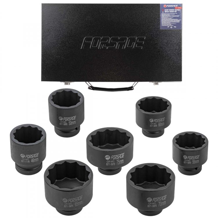 Набор головок ударных 1" 7пр. (12гр.) (46,50,55,60,65,70,75мм) Набор головок ударных 1" 7пр. (12гр.) (46,50,55,60,65,70,75мм)