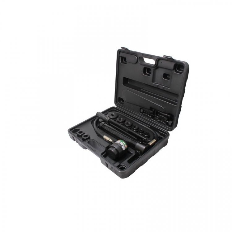 Пробойник гидравлический с насосом 10т (Ø22, 27.5, 34, 43, 49, 60мм; сталь нерж.-1.6мм; медь/алюм.-3.2мм,ход штока-22мм), в кейсе