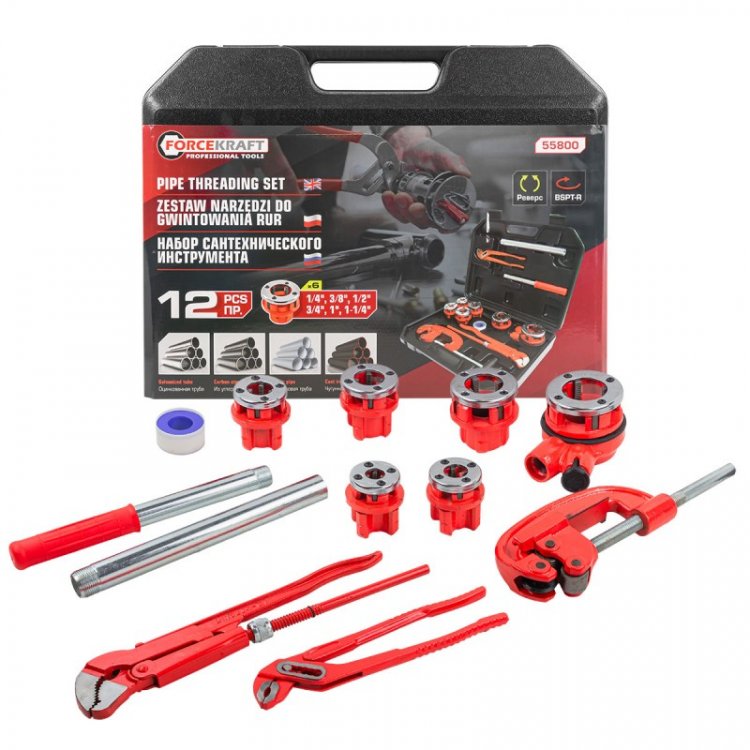 Набор сантехнического инструмента 12пр.(клуп: 1/4'', 3/8'', 1/2'', 3/4'',1', 1-1/4")в кейсе