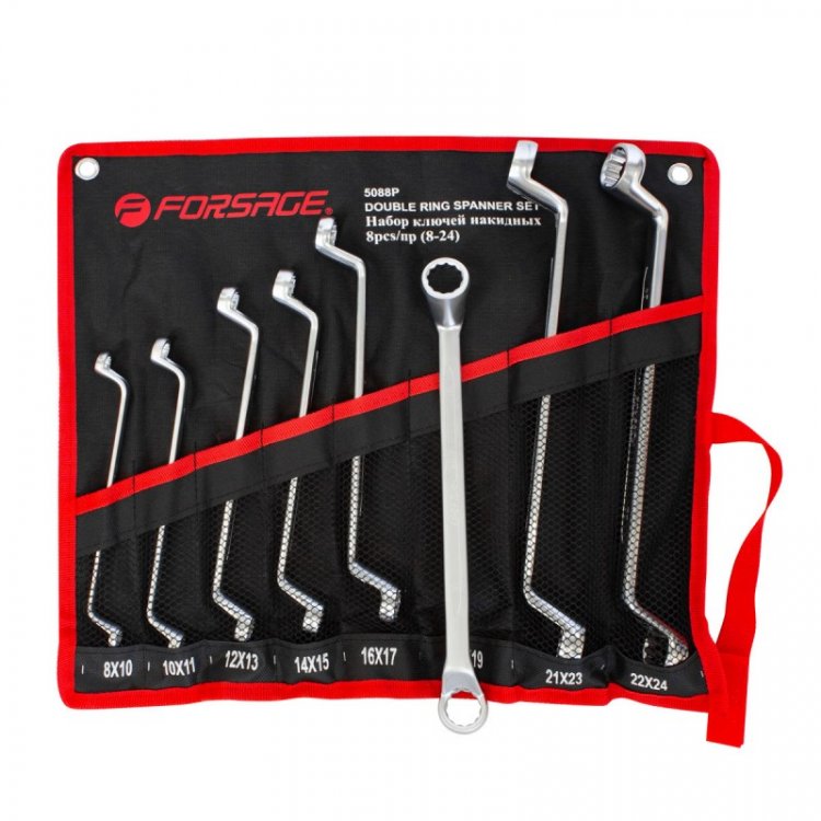 Ключи накидные отогнутые на 75град., набор 8пр. (6х7, 8х9, 10х11, 12х13, 14х15, 16х17, 18х19, 20х22мм)