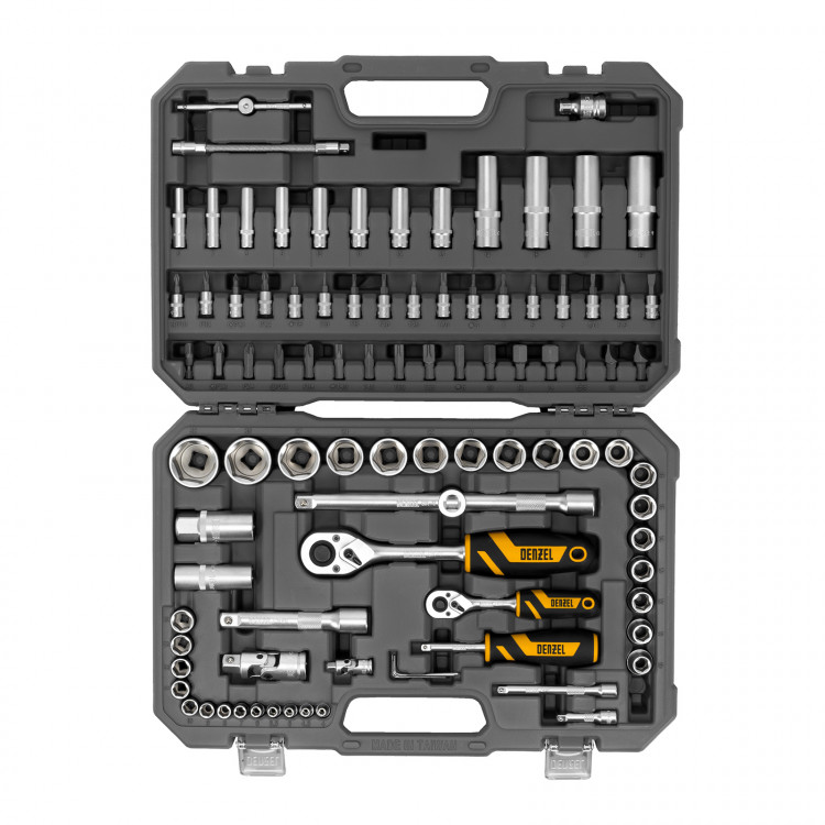 Набор инструментов, 1/2", 1/4", CrV, S2, пластиковый кейс, 94 предмета// Denzel Набор инструментов, 1/2", 1/4", CrV, S2, пластиковый кейс, 94 предмета// Denzel