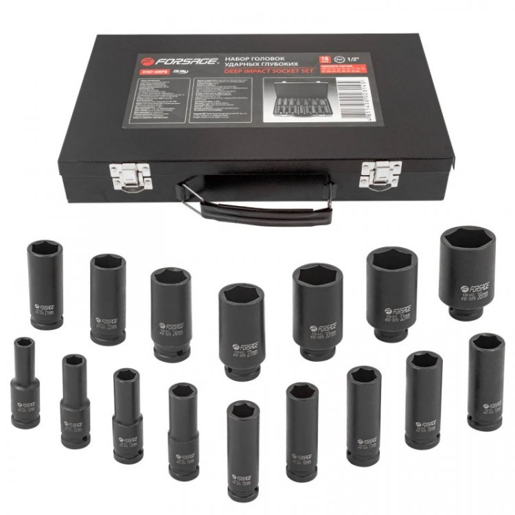 Набор головок ударных глубоких 16пр.,1/2" 6гр.(10,12-19,21,22,24,27,30,32,36мм), в металлическом кейсе