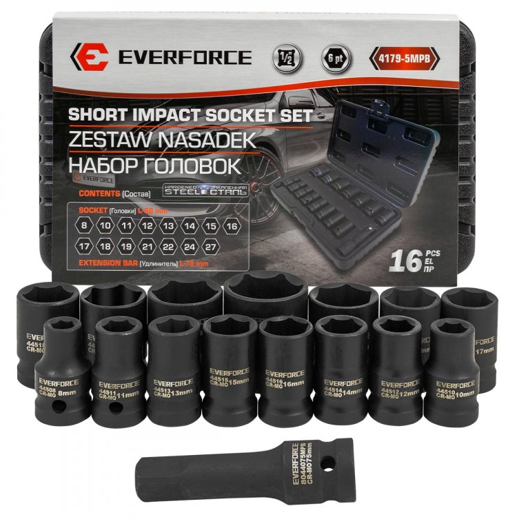 Набор головок 16пр.1/2" ( 6гр) (8-10-11-12-13-14-15-16-17-18-19-21-22-24-27)+удлинитель 75мм)в кейсе Набор головок 16пр.1/2" ( 6гр) (8-10-11-12-13-14-15-16-17-18-19-21-22-24-27)+удлинитель 75мм)в кейсе