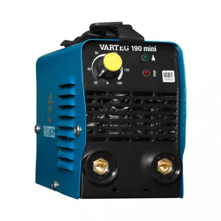 Сварочный аппарат Varteg 190 мини - Работает от 140В. Горячий старт, форсаж дуги, антизалипание. MMA, розетки 25 мм2, напряжение питания: 220В±15%, Диапазон сварочного тока: 20-190А, ПВ: 100%, ремень для переноски, комплектация: кабели 1,2 м, электро