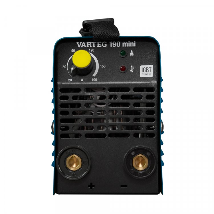 Сварочный аппарат Varteg 190 мини - Работает от 140В. Горячий старт, форсаж дуги, антизалипание. MMA, розетки 25 мм2, напряжение питания: 220В±15%, Диапазон сварочного тока: 20-190А, ПВ: 100%, ремень для переноски, комплектация: кабели 1,2 м, электро