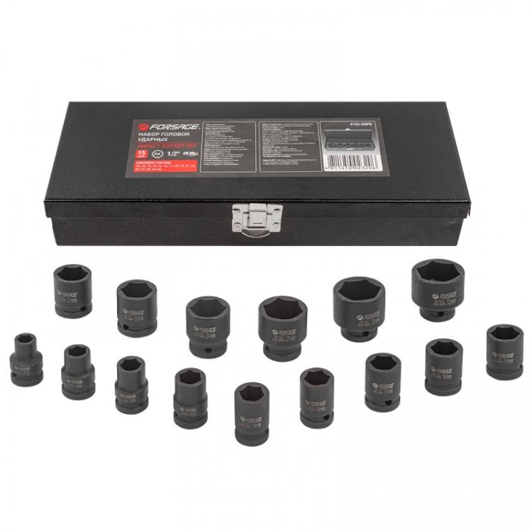 Набор головок ударных, 15пр. 1/2" 6гр.(10,12,13,14,15,16,17,18,19,21,22,24,27,30,32мм),в метал. кейсе Набор головок ударных, 15пр. 1/2" 6гр.(10,12,13,14,15,16,17,18,19,21,22,24,27,30,32мм),в метал. кейсе