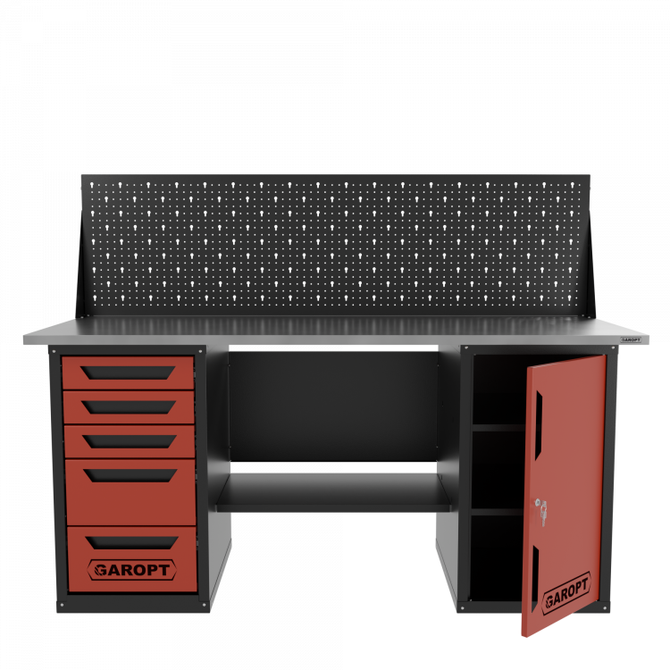 Верстак двухтумбовый дверь/5 ящиков с экраном, красный 1800*700 Garopt, GT1800DY5PP.red