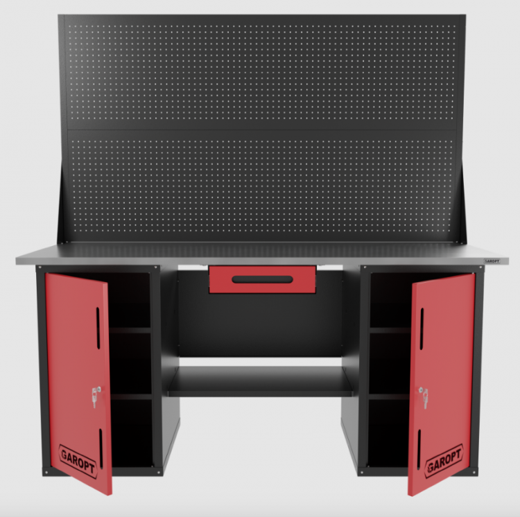 Верстак двухтумбовый с двумя экранами и ящиком, красный 1800*700 Garopt, GT1800DDY1PP2.red Верстак двухтумбовый с двумя экранами и ящиком, красный 1800*700 Garopt, GT1800DDY1PP2.red