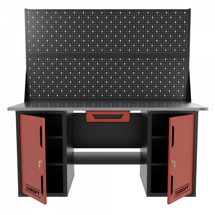 Верстак двухтумбовый с двумя экранами и ящиком, красный 1800*700 Garopt, GT1800DDY1PP2.red