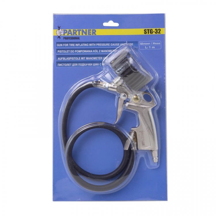 Пистолет для подкачки шин с аналоговым манометром и шлангом 1м (0-16bar),в блистере