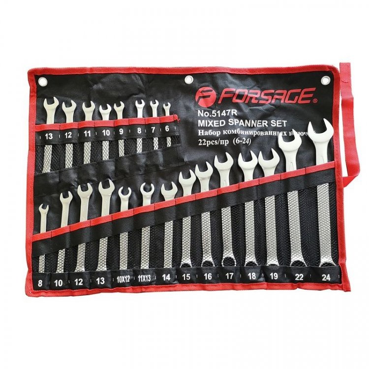 Набор ключей комбинированных универсальный 22пр,.комбинированные 16пр( 6-24мм)разрезные 2пр(10-12,11-13мм).трещоточные 4пр(8-13мм) на полотне