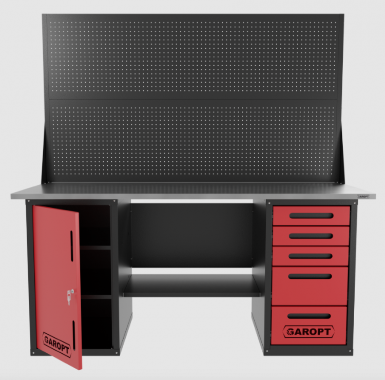 Верстак двухтумбовый дверь/5 ящиков с двумя экранами, красный 1800*700 Garopt, GT1800DY5PP2.red Верстак двухтумбовый дверь/5 ящиков с двумя экранами, красный 1800*700 Garopt, GT1800DY5PP2.red