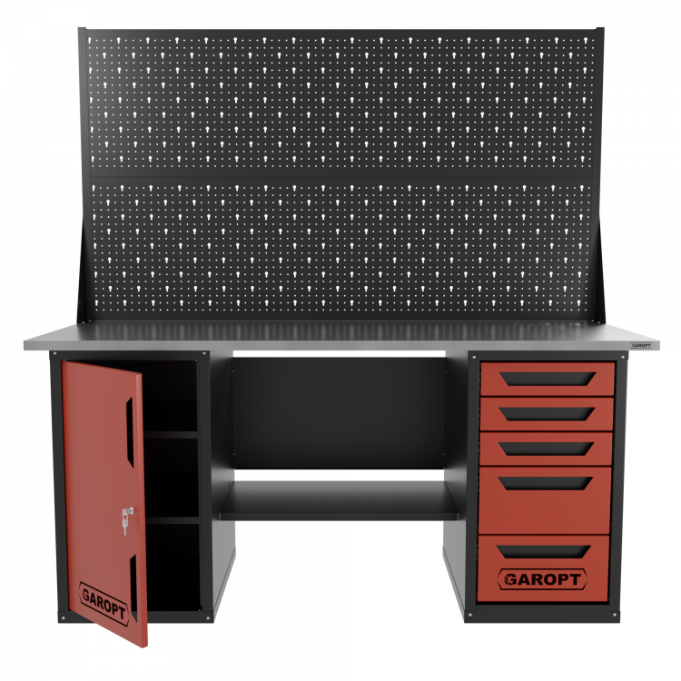 Верстак двухтумбовый дверь/5 ящиков с двумя экранами, красный 1800*700 Garopt, GT1800DY5PP2.red