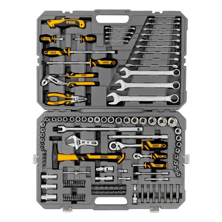 Набор инструментов, 1/2", 1/4", CrV, S2, пластиковый кейс, 122 предмета// Denzel