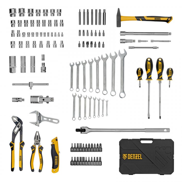 Набор инструментов, 1/2", 1/4", CrV, S2, пластиковый кейс, 122 предмета// Denzel