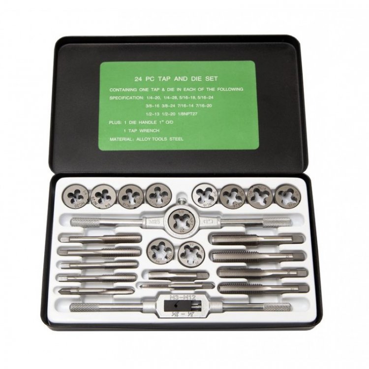 Набор метчиков и плашек дюймовый 24пр. (1/4, 5/16, 3/8, 7/16, 1/2), в металлическом кейсе