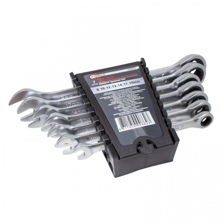 Набор ключей комбинированных трещоточных 7пр. (8,10,12-14,17,19мм) в пластиковом держателе Набор ключей комбинированных трещоточных 7пр. (8,10,12-14,17,19мм) в пластиковом держателе