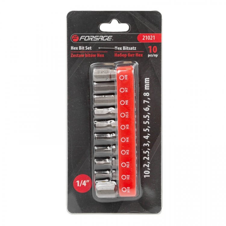 Набор бит HEX 10пр. 1/4''(Н2, 2.5, 3, 4, 5, 5.5, 6, 7, 8, 10 - 25мм),в блистере