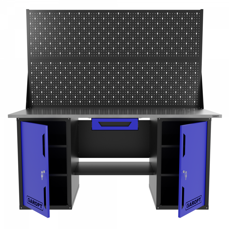 Верстак двухтумбовый с двумя экранами и ящиком, синий 1800*700 Garopt, GT1800DDY1PP2.blue