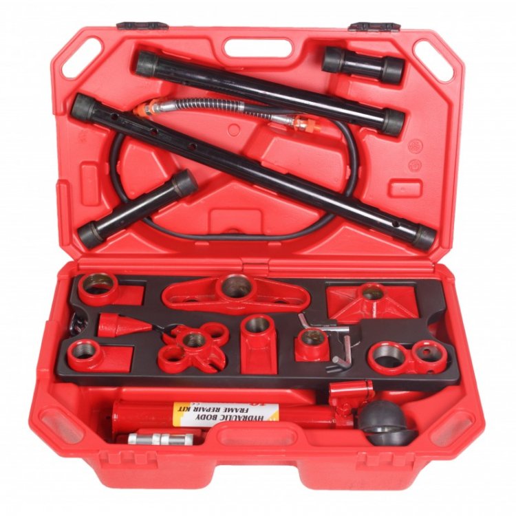 Набор гидравлического оборудования для кузовных работ, 10т (насос, цилиндр + комплект удлинителей и надставок), 28пр Набор гидравлического оборудования для кузовных работ, 10т (насос, цилиндр + комплект удлинителей и надставок), 28пр