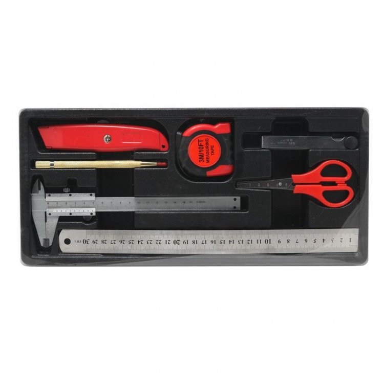 Набор аксессуаров и инструментов измерит-х(ножницы,нож канцеляр.,линейка 300мм,штангенциркуль 150мм,чертилка,к-т щупов 0,05-1мм,рулетка3м)7пр. в лотке