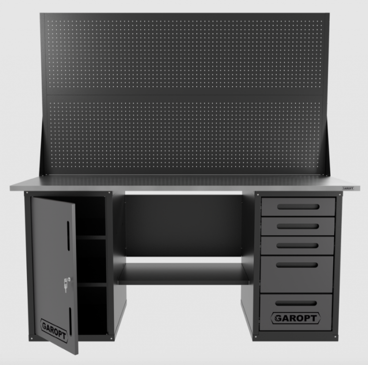 Верстак двухтумбовый дверь/5 ящиков с двумя экранами, серый 1800*700 Garopt, GT1800DY5PP2.grey