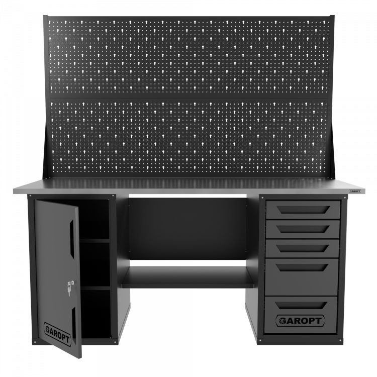 Верстак двухтумбовый дверь/5 ящиков с двумя экранами, серый 1800*700 Garopt, GT1800DY5PP2.grey