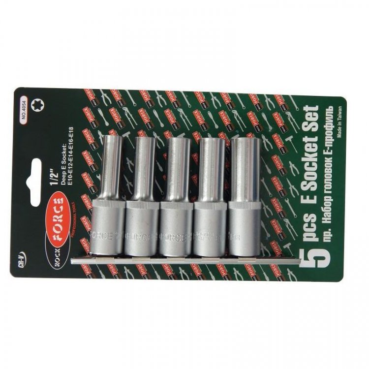 Набор головок глубоких Е-профиль 1/2" 5 пр. (Е10, Е12, Е14, Е16, Е18) на металл.планке Набор головок глубоких Е-профиль 1/2" 5 пр. (Е10, Е12, Е14, Е16, Е18) на металл.планке