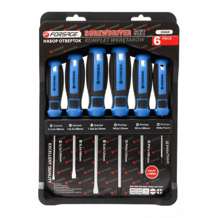 Набор отверток магнитных(SL3х100,5,5х100,6.5х125мм,PH2х125мм,1х100,0х75мм)6пр.на пластиковом держателе