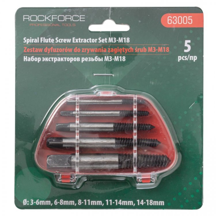 Набор экстракторов резьбы 5пр.(М3-М18; Ø:3-6мм, 6-8мм, 8-11мм, 11-14мм, 14-18мм), в пластиковом футляре