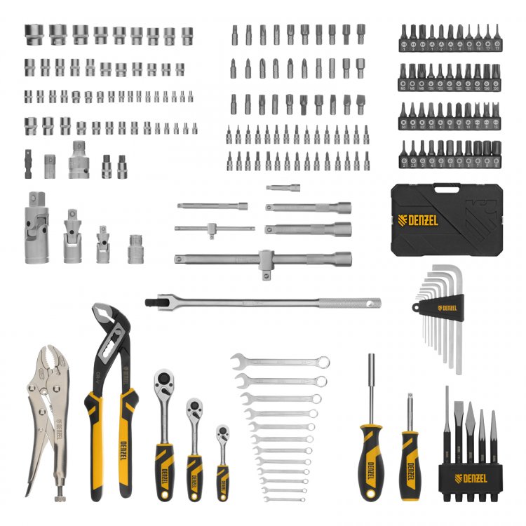 Набор инструментов, 1/2", 3/8", 1/4", CrV, S2, пластиковый кейс, 232 предмета// Denzel Набор инструментов, 1/2", 3/8", 1/4", CrV, S2, пластиковый кейс, 232 предмета// Denzel