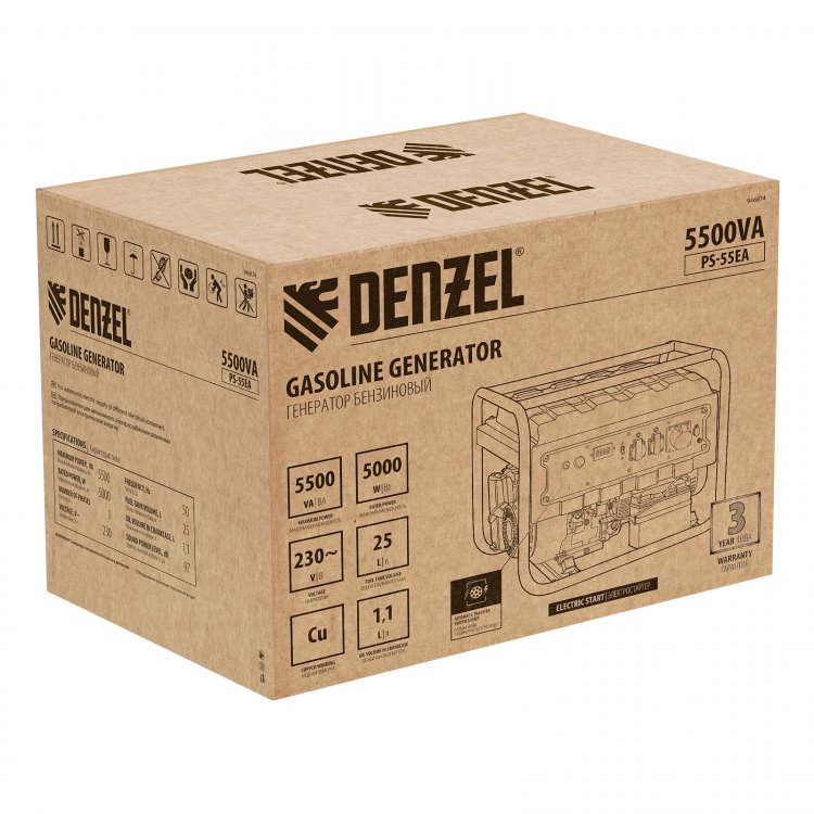 Генератор бензиновый PS-55EA, 5,5 кВт, 230В, 25л, коннектор автоматики, электростартер// Denzel Генератор бензиновый PS-55EA, 5,5 кВт, 230В, 25л, коннектор автоматики, электростартер// Denzel