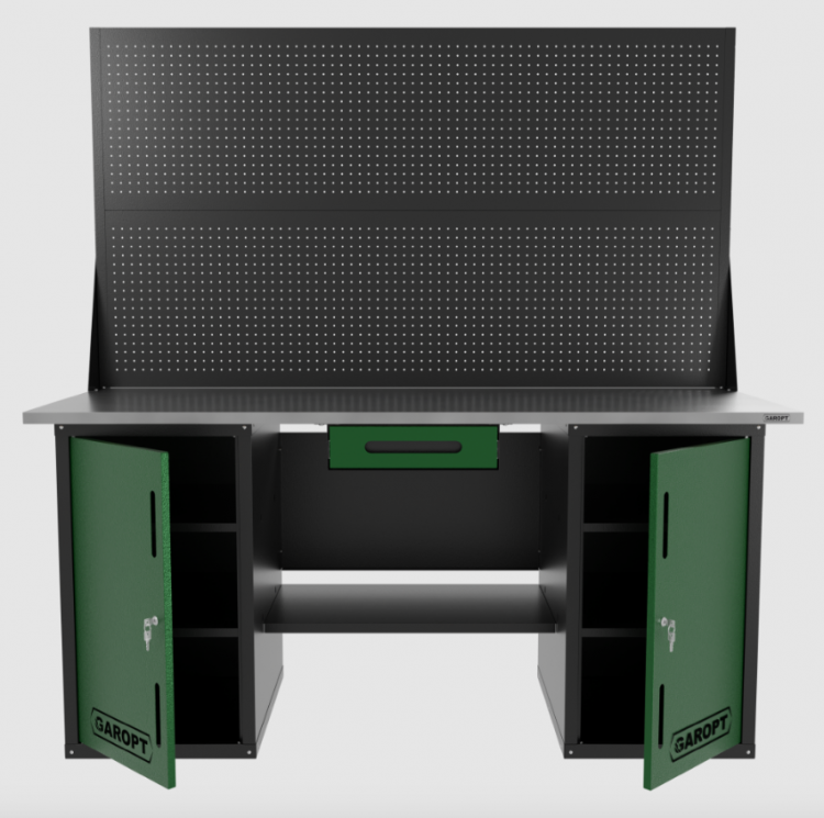 Верстак двухтумбовый с двумя экранами и ящиком, зеленый 1800*700 Garopt, GT1800DDY1PP2.green Верстак двухтумбовый с двумя экранами и ящиком, зеленый 1800*700 Garopt, GT1800DDY1PP2.green