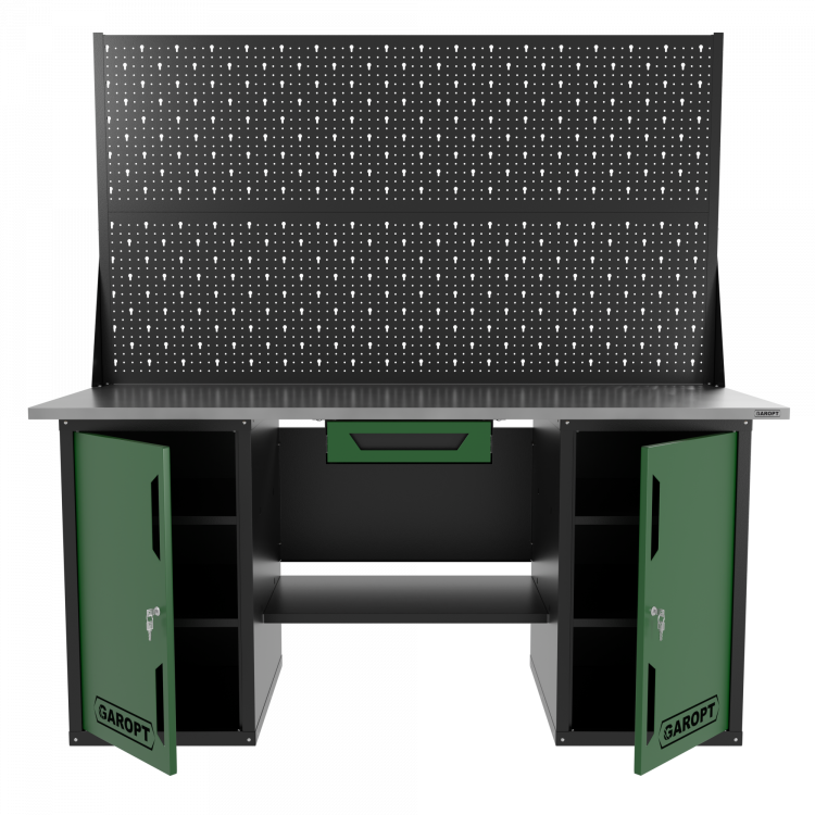 Верстак двухтумбовый с двумя экранами и ящиком, зеленый 1800*700 Garopt, GT1800DDY1PP2.green