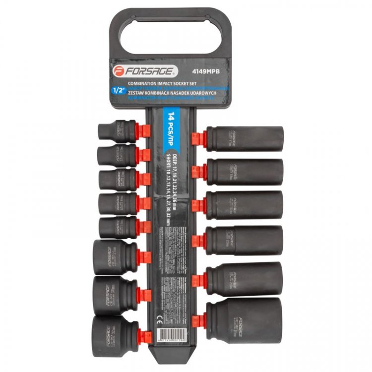 Набор головок ударных комбинированный 14пр.,1/2"(короткие:10,12-15,27,30,32мм;глубокие:17,19,21,22,24,36мм),на пластиковом держателе Набор головок ударных комбинированный 14пр.,1/2"(короткие:10,12-15,27,30,32мм;глубокие:17,19,21,22,24,36мм),на пластиковом держателе