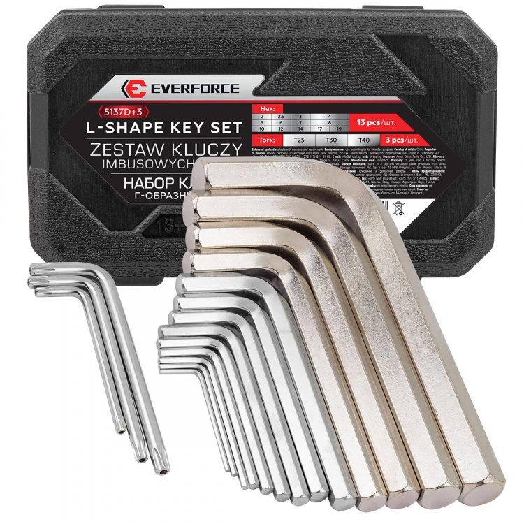 Ключи Г-образные 6-гранные, набор 13+3пр. (2, 2.5, 3-8, 10, 12, 14, 17, 19мм + T25, T30, T40) Ключи Г-образные 6-гранные, набор 13+3пр. (2, 2.5, 3-8, 10, 12, 14, 17, 19мм + T25, T30, T40)