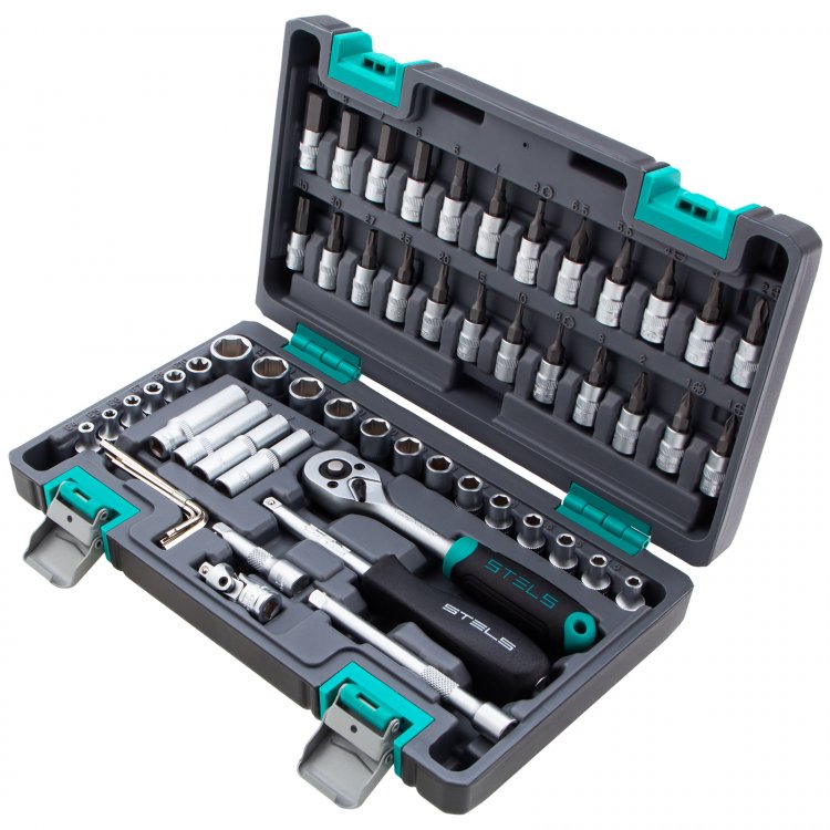 Набор инструментов 1/4", CrV, пластиковый кейс 57предм, Stels