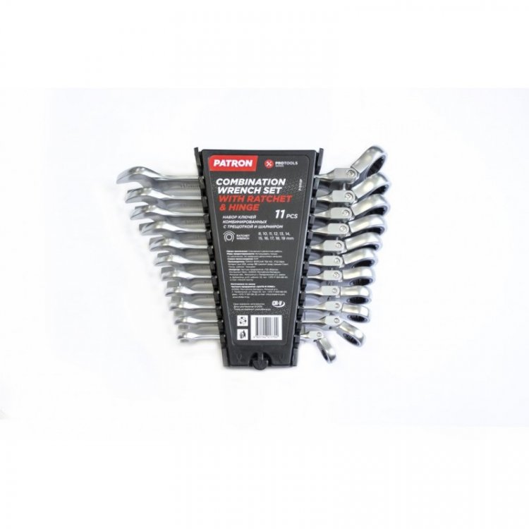 Набор ключей комбинированных трещоточных с шарниром 11пр. (8,10,11,12,13,14,15,16,17,18,19 мм), в пластиковом держателе