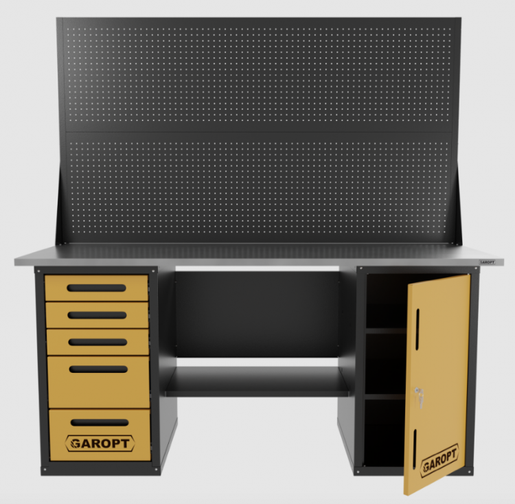 Верстак двухтумбовый дверь/5 ящиков с двумя экранами, желтый 1800*700 Garopt, GT1800DY5PP2.yell Верстак двухтумбовый дверь/5 ящиков с двумя экранами, желтый 1800*700 Garopt, GT1800DY5PP2.yell
