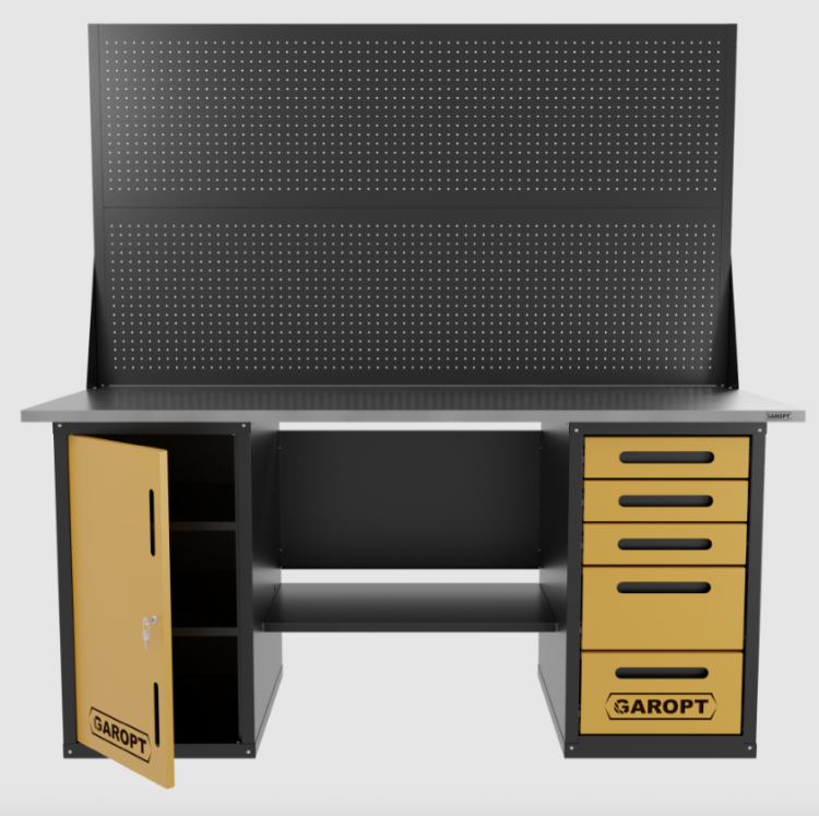 Верстак двухтумбовый дверь/5 ящиков с двумя экранами, желтый 1800*700 Garopt, GT1800DY5PP2.yell Верстак двухтумбовый дверь/5 ящиков с двумя экранами, желтый 1800*700 Garopt, GT1800DY5PP2.yell