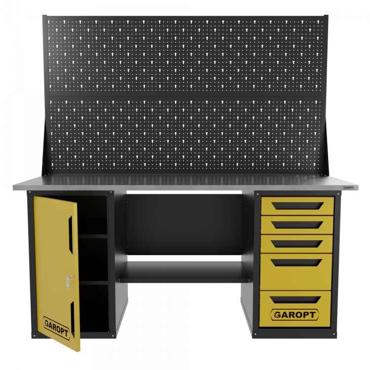 Верстак двухтумбовый дверь/5 ящиков с двумя экранами, желтый 1800*700 Garopt, GT1800DY5PP2.yell